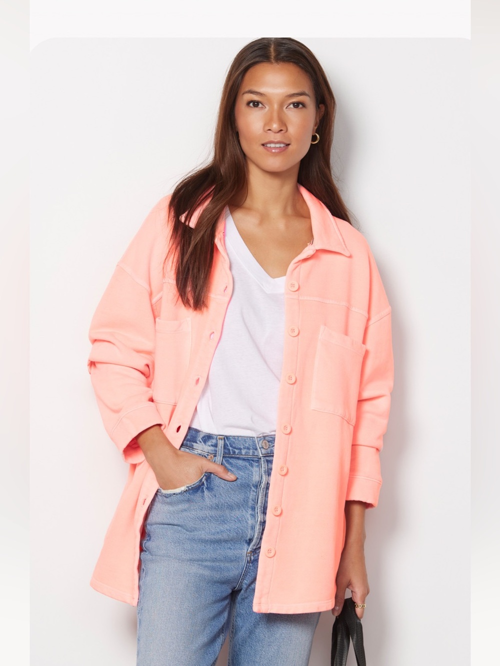 Sundry Spring Fleece Shacket in Pigment Peach